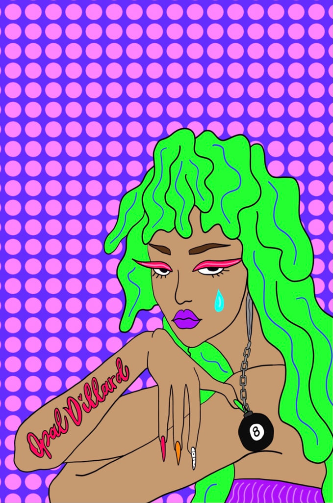 8 ball tears an original artbyopal art piece by the artist Opal Dillard. Opal is an digital artist and musician this art features a girl with green hair and a pink and blue background. shop for artbyopal prints and posters here in all sizes artbyopal.com