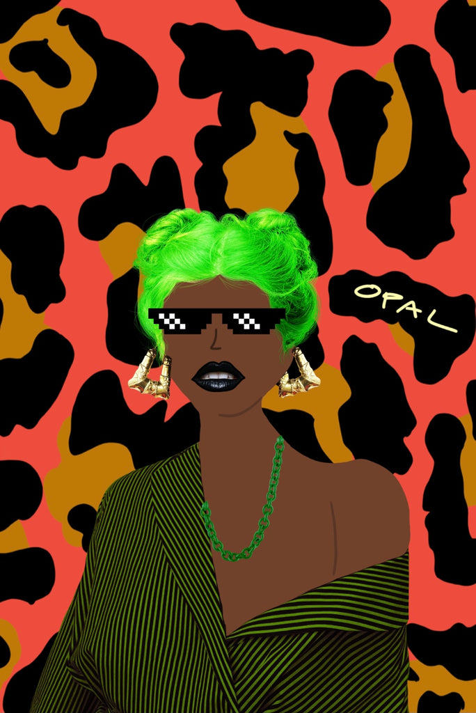 atypical aristocrat original artwork by Opal Dillard. artbyopal art is art by Opal Dillard. Opal is a musical artist and designer. Graphic has camo orange and black background featuring an african american woman. black artist and music artist Opal Dillard